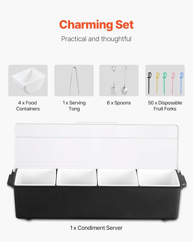 VEVOR Chilled Condiment Server, 4 Compartment Ice Cooled Condiment Serving Container, Chilled Garnish Tray Bar Caddy with Lid, for Bartending & Serving Taco, Salad, Fruit, Home & Restaurant Supplies
