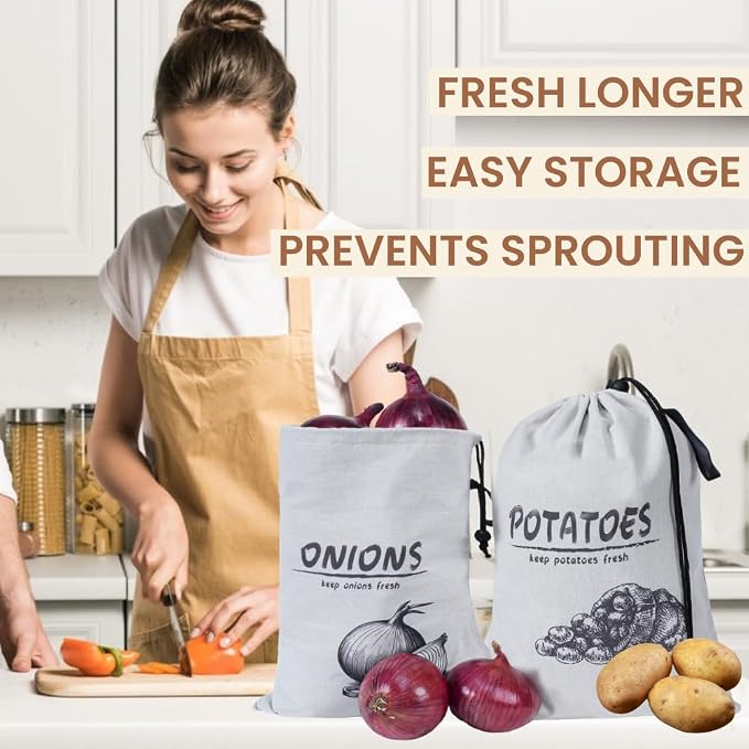 Potato Onion Storage Bag, Reusable Potato and Onion Storage Bag for Pantry, Vegetable Storage Bags with Drawstring Closure, Blackout Liner for Shopping Storage, 2 Packs (Potato Onion Bag)