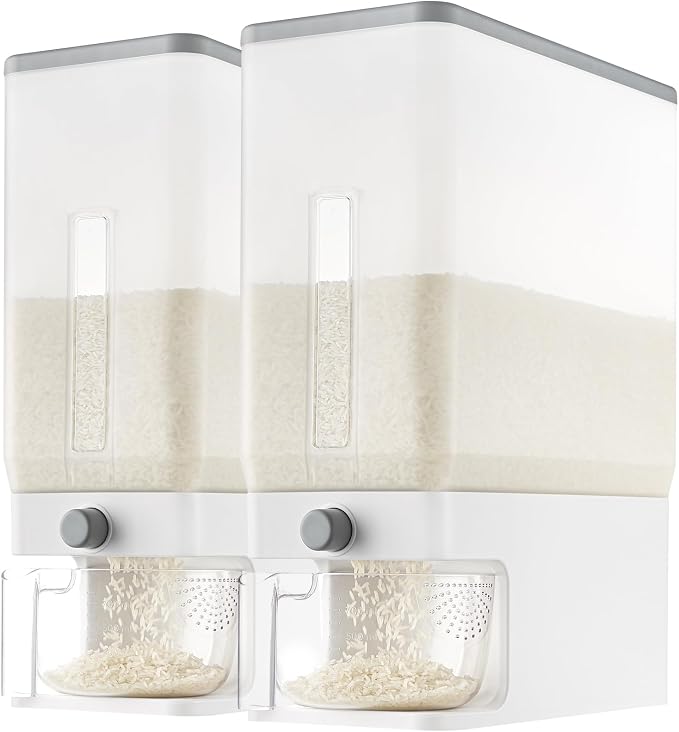 Lifewit Rice Dispenser 25 Lbs, Airtight Storage with Cup, 2 Pack Clear | BPA-Free 11.3kg Capacity Storage Container for Beans, Corn & Other Small Grains, One-Press Dispensing Bin for Kitchen Pantry