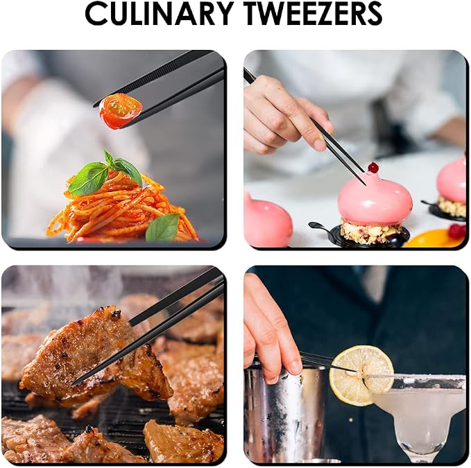 Gutsdoor 8 Inch Plating Tweezers Stainless Steel Precision Culinary Tweezer Black Kitchen Offset Tweezers Tongs