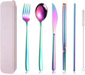 AARAINBOW 6 Pieces 18/8 Stainless Steel Flatware Set Portable Reusable Cutlery Set Travel Utensils Set Including Chopsticks Knife Fork Spoon Straws Cleaning Brush Dishwasher Safe (Multicolored)