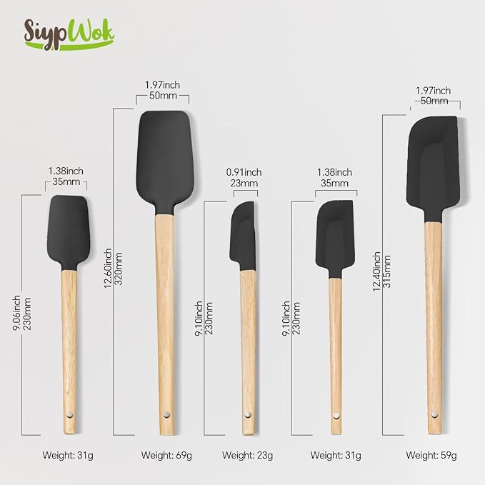 Silicone Spatula Set, Food Grade Rubber Spatula-5 Piece Nonstick Rubber Spatulas, Spoonula, Jar Scraper for Cooking, Baking, Mixing, Frosting - Heat Resistant Up to 600°F (5 Pcs Black)