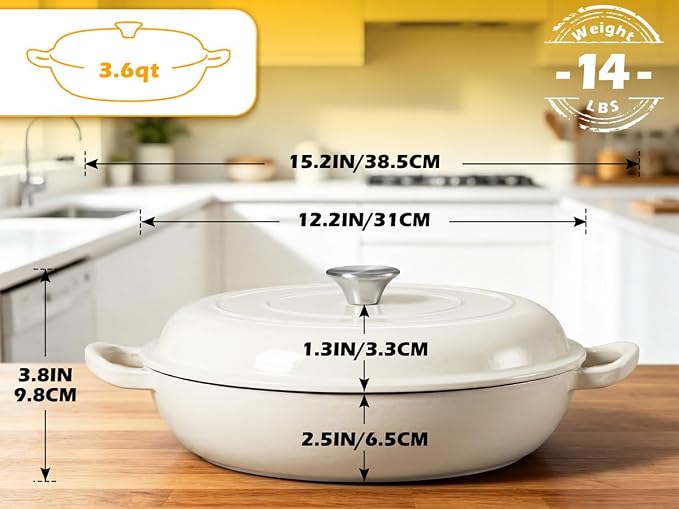 Leonyo 3.6QT Cast Iron Braiser Dutch Oven with Lid, Cream White | Nonstick Enameled Cast Iron Casserole Skillet, Cast Iron Cookware Shallow Dutch Oven with Lid for All Cooktop, Oven Safe