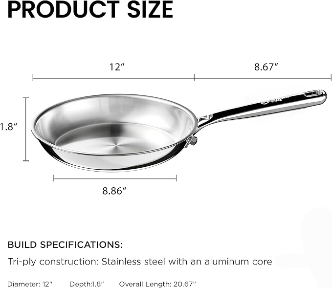 COOKER KING 12 Inch Stainless Steel Frying Pan, Large Skillet,Induction Pan | Rivetless & Non-Toxic, Fast & Even Heating, Oven & Dishwasher Safe, Metal Utensil Safe, Perfect for Cooking for Family