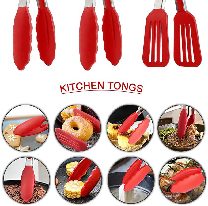 9 Inch Cooking Tongs with Silicone Tips Set of 3(Red) | Stainless Steel Handle, Non-Scratch, Heat Resistant