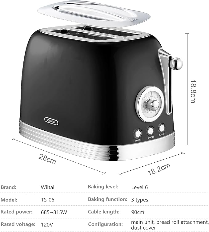 Wiltal Retro Toaster 2 Slice, 1.58" Extra Wide Slot Stainless Steel with Dust Cover and Warming Rack, Glossy Black Finish with Defrost/Reheat/Cancel Functions, Removable Crumb Tray