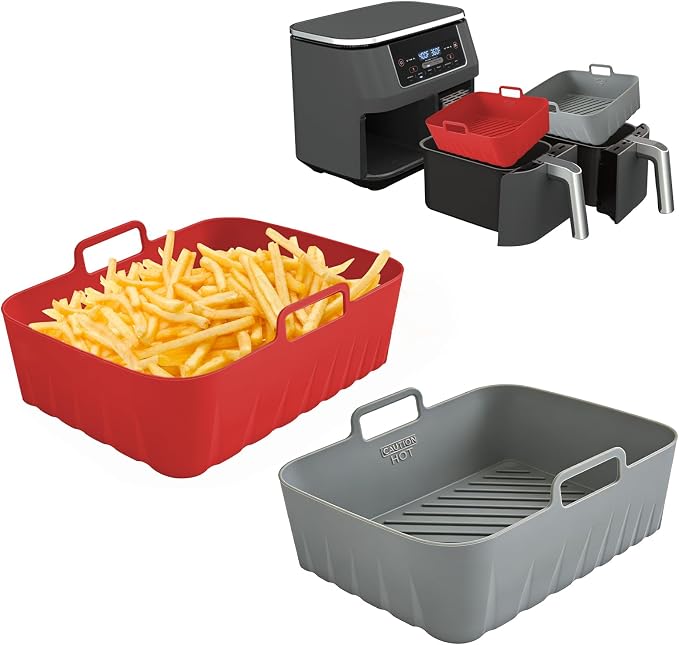 Golden Associate Silicone Liners Rectangle 2 Pcs for Air Fryer Dual Basket 8 to 10 Qt, Food-grade Reusable Baking Tray Fit Ninja DZ201 DZ401 DZ550, 4 to 5 Qt Each, Double Zone Airfryer Accessories