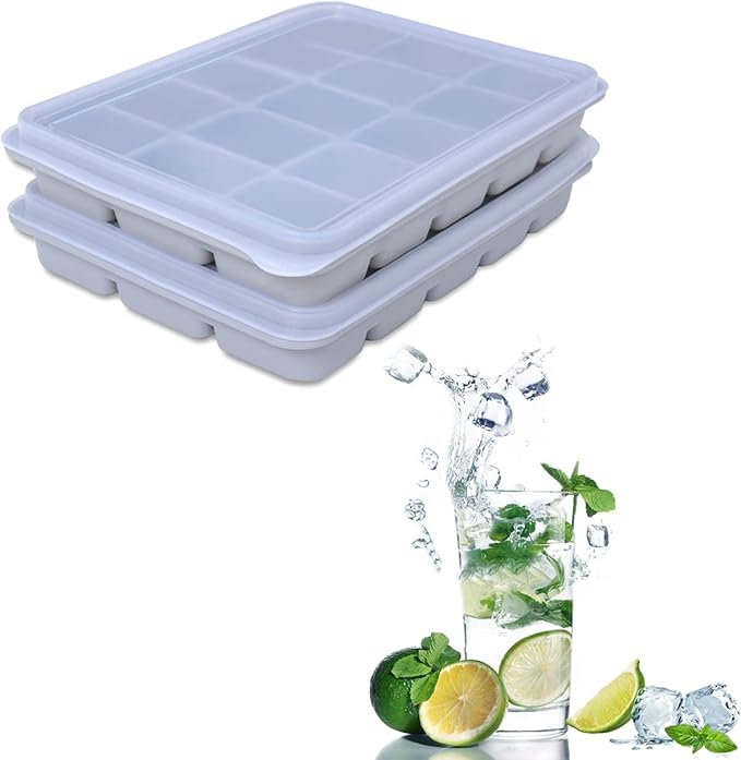 Tvmania Ice Cube Trays Set of 2, 15-Cube Silicone Molds with Removable Lids | Stackable, easy release, BPA-free, reusable, for freezer and whiskey