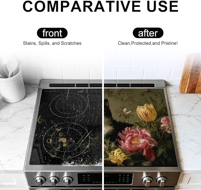 Tuxedo Cat Floral Stove Top Cover 28.35x20.47 in Non Slip | Heat Resistant Cooktop Protector Mat with Non-Slip Backing, Scratch Protection and Countertop Drying Mat.