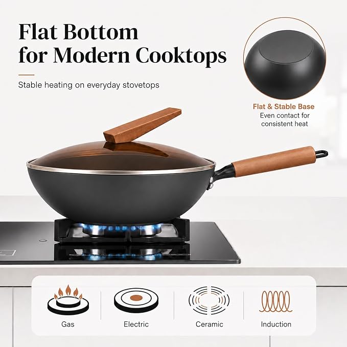 12.6 Inch Carbon Steel Wok Pan with Lid, 4.8 Qt Flat Bottom Stir Fry Pan with Self-Standing Glass Lid, Coating-Free Wood Handle Wok for Induction, Gas, Electric & Ceramic Stovetops