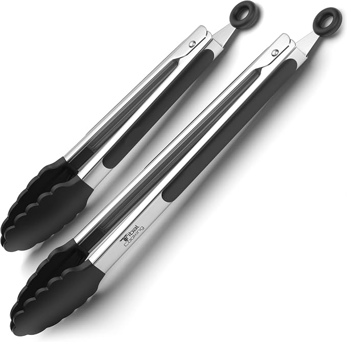 Tribal Cooking Kitchen Tongs with Silicone Tips - Stainless Steel tongs for cooking - 9" and 12" Tongs With Silicone Rubber Non Slip Grips, Heat Resistant Metal Tongs.