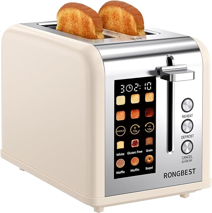2 Slice Touch Screen Toaster Stainless Steel Wide Slots with Digital Touchscreen, Reheat & Defrost, Even Toasting for Family Breakfast Bagel & Bread, Easy Removable Crumb Tray, Cream Color