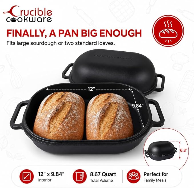 Crucible Cookware Extra Large Cast Iron Artisan Bread Pan 6 Loop Handles Deep Lid for Steam Baking - Sourdough Bread Oven, Covered Loaf Baker