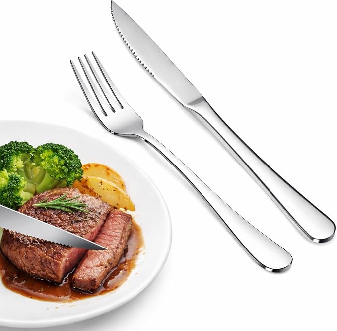 20-Piece Steak Knife and Dinner Fork Set for 10, Stainless Steel Serrated Steak Knives and Dinner Forks, Mirror Polished Flatware Set, Dishwasher Safe