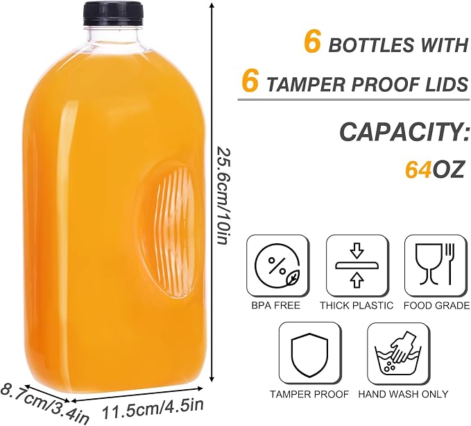 6pcs 64oz Reusable Plastic Juice Bottles with Caps, Accessories | Empty Beverage Containers with Lids and Sticker Labels, Funnel, pull handles for Juicing, Smoothies, Tea, Milk
