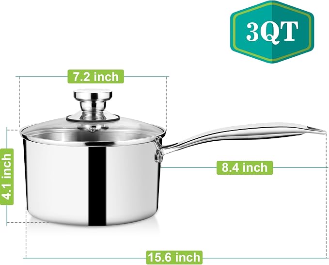 P&P CHEF 3 Quart Tri-Ply Saucepan with Visible Lid, Small Pot, 1 Piece | 3 Qt Stainless Steel Sauce Pan, Cooking Induction Pot Cookware for All Stoves, Healthy & Sturdy, Oven & Dishwasher Safe