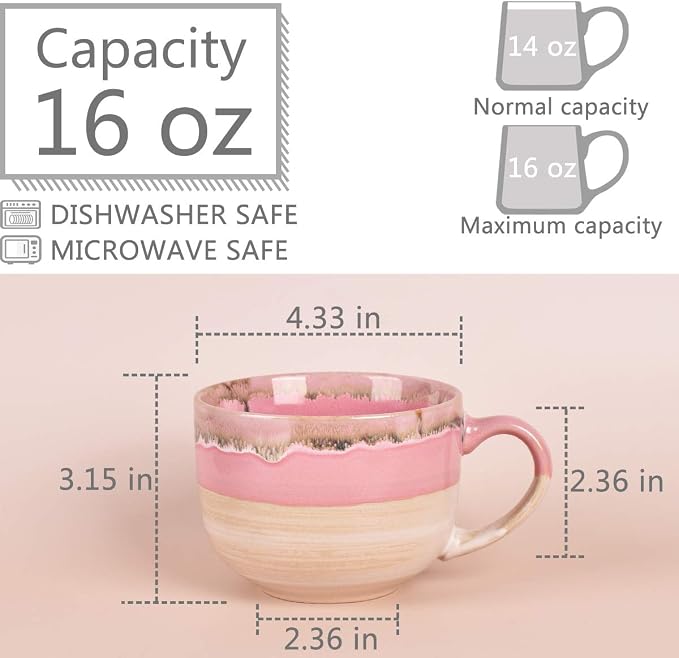 Bosmarlin Large Ceramic Coffee Mug Set of 2, Stoneware Jumbo Latte Mugs Tea for Office and Home, 16 Oz, Dishwasher and Microwave Safe(Pink, 2)