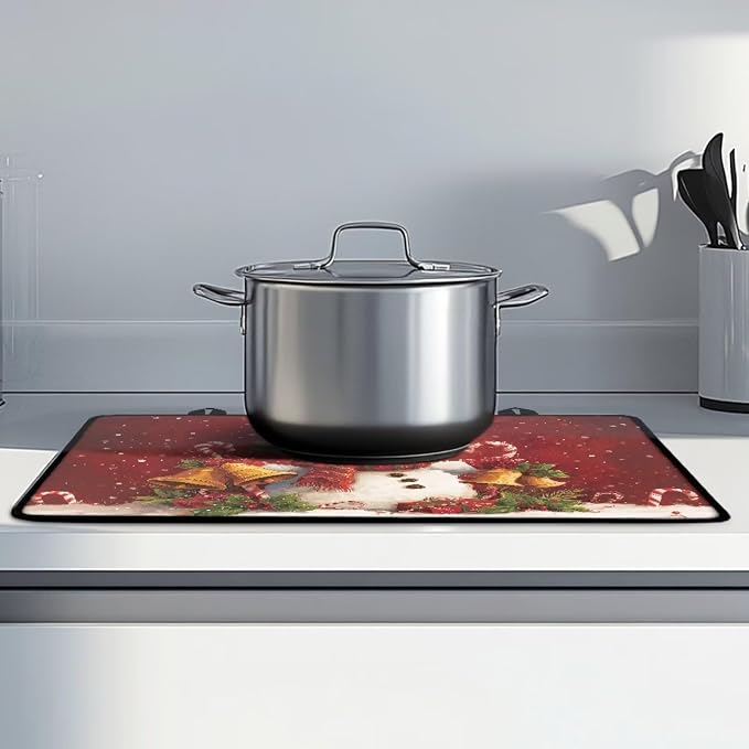Cute Snowman Bell Print Electric Stove Top Cover Multipurpose Glass Cooktop Protector 29.18 x 20.96 inch Dish Drying Mat Coffee Machine Mat for Flat RV Range Christmas Decor