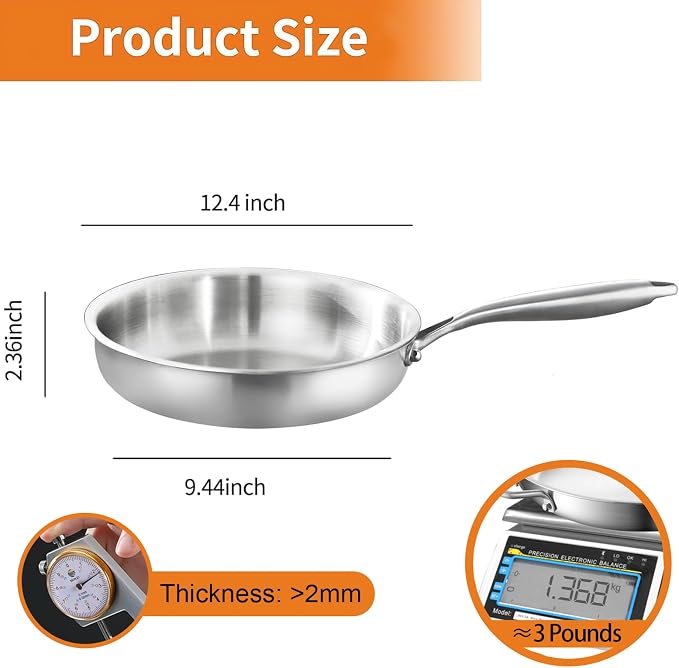 DELARLO Tri-Ply Stainless Steel Pan, 18/10 Frying Pan, Oven Safe Up to 600°F, Nontoxic Cookware, Compatible with All Cooktops Skillet, Durable, Fast Even Heat Fry Pan,12.5 inch Steel Frying Pan