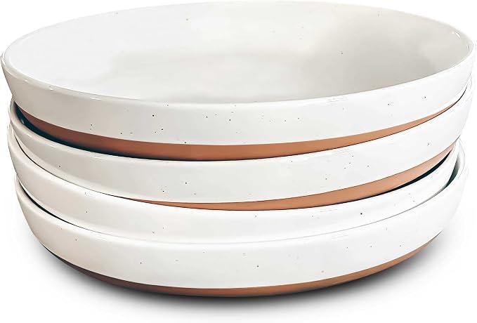 Mora Ceramic Flat Pasta Bowl Set of 4-35oz, Microwave Safe Plate with High Edge - Modern Porcelain Dinnerware for Kitchen and Eating, Large Wide Bowls/Plates for Serving Dinner, Salad, etc- Vanilla