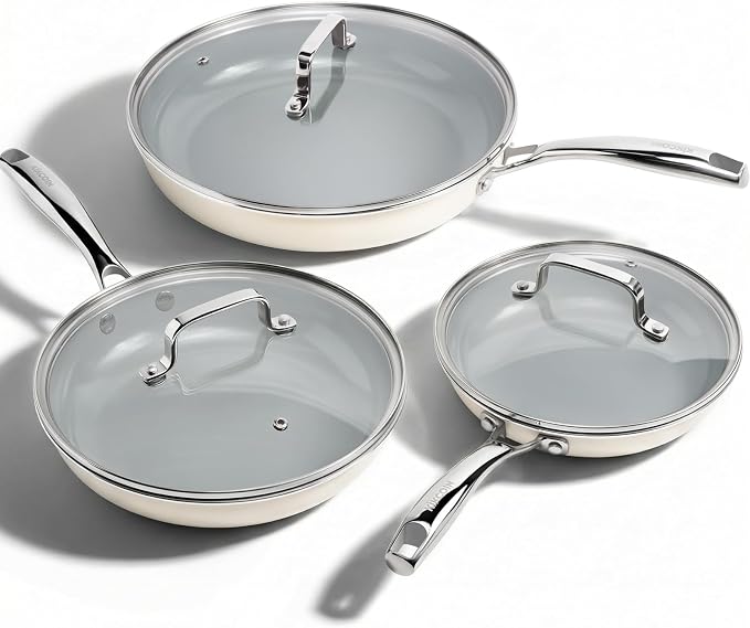 Kikcoin Ceramic Nonstick Frying Pan Set with Lids, 3 Pack 8/9.5/11 Inch Skillets, PFAS-Free Non Toxic Pans for Cooking, Induction, Oven & Dishwasher Safe