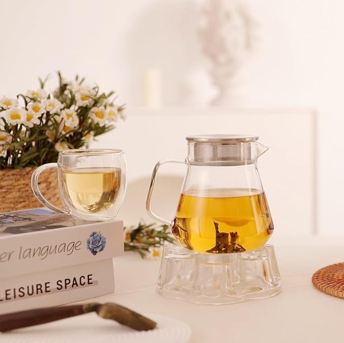 CNGLASS One-Touch Glass Teapot with Stainless Steel Filter Lid,20oz(600ml) Glear Tea Kettle Stovetop Safe,Borosilicate Glass Tea Pots for Loose Leaf Tea