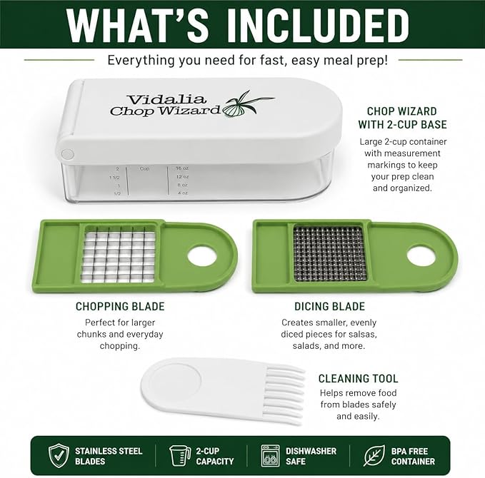 Vidalia Chop Wizard Vegetable Chopper – Original As Seen On TV Food Dicer with 2 Stainless Steel Blades, Large 2-Cup Container, Cleaning Tool, Dishwasher Safe Onion & Vegetable and Fruit Cutter | Original As Seen On TV, 2 Stainless Steel Blades, Large ...