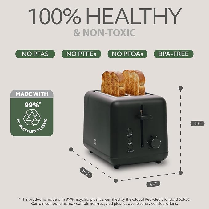 WILLOW Eco Series 2-Slice Toaster, Extra-Wide Slots for Bagels & Artisan Bread, 6 Shade Browning Settings, High-Lift Toast Boost, Removable Crumb Tray, Cancel/Defrost Buttons, Toaster 2 Slice