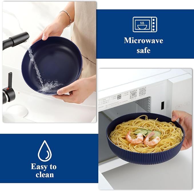 HOMQUEN Pasta Bowls Set of 6, 37oz Salad Bowls Blue Soup Bowls, Large Pasta Serving Bowls, Unbreakable Plastic Dinner Bowls, Dinnerware Sets,Valentines Day Gift, Dishwasher Safe (Blue)
