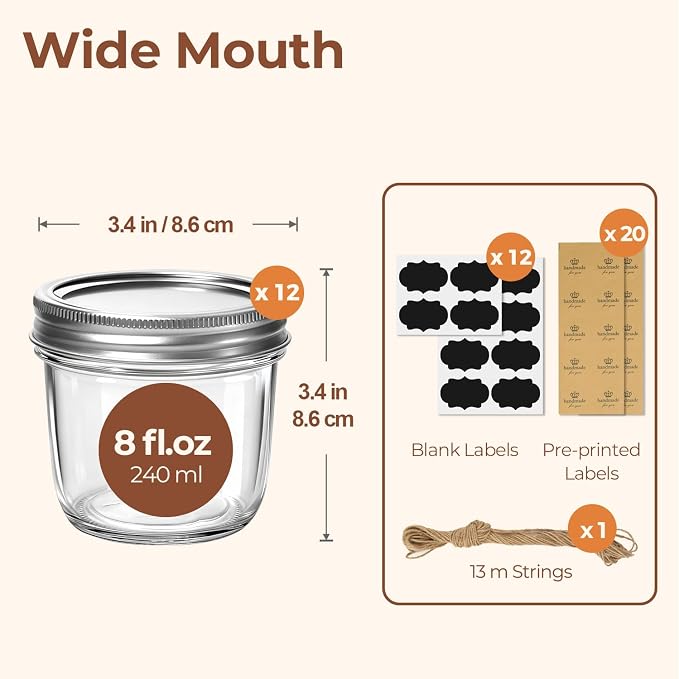 ComSaf 8 oz Wide Mouth Mason Jars Bulk Set, 12 Pack Small Jars with Lids | BPA-Free,Half-Pint Portion, Chunky Salsa, Overnight Oats, Party Favors, Meal Prep, DIY Candles, For Big Canning Project