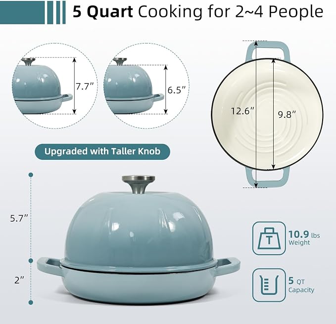 Davivy Round Enameled Cast Iron Bread Oven, 5QT Sourdough Dutch Oven, Dutch Oven for Sourdough Bread Baking Dome,Sourdough Pan Bread Cloche - Sea Salt