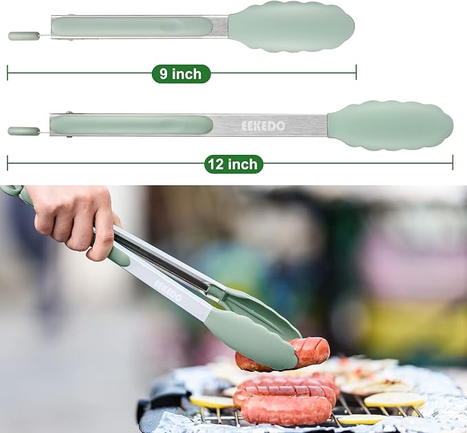 Tongs for Cooking, 600ºF High Heat-Resistant Stainless Steel Kitchen Tongs with Silicone Tips, Non Scratch, Locking Tong for BBQ Grilling Air Fryer Food Salads, Set of 2 (9" and 12") Sage Green