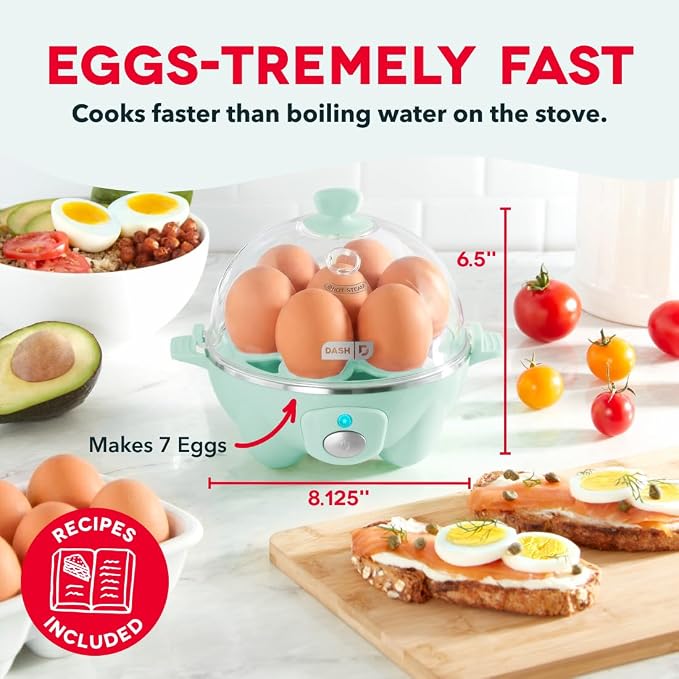 Dash Rapid Egg Cooker, 7 Hard Boiled Eggs, Aqua | Electric Egg Poacher, Boiler, Steamer & Omelette Maker Machine, Soft or Poached Eggs for Breakfast, Auto Shut-Off, BPA-Free