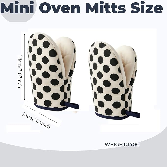 1 Pair Mini Oven Mitts,High Heat Resistant Oven Gloves,Kitchen Short Oven Mit with Hanging Loop for BBQ, Baking, Cooking and Grilling, (dotBlack)