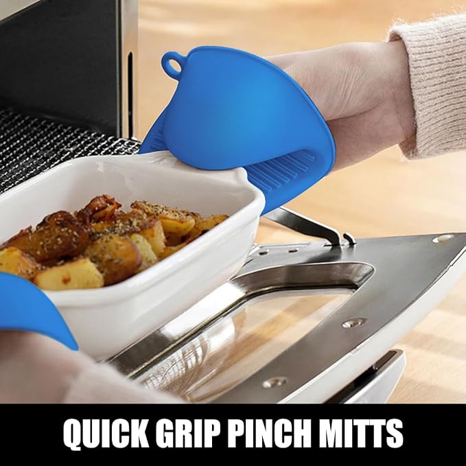 RORECAY Silicone Oven Mitts and Pot Holders Sets, Gloves for Kitchen, Blue | Set of 6 Kitchen Mitts for Baking & Cooking, Heat Resistant 500 ℉, 15" Extra Long, Non-Slip & Waterproof, Quilted Cotton