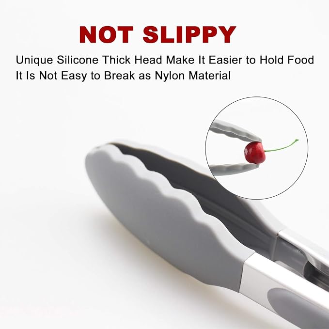 2 Pack Silicone Kitchen Tongs, 9 & 12 Inch, Stainless Steel, Grey | Heat Resistant to 500°F with BPA-free Silicone Tips, Locking Clip and Nonslip Handles for Nonstick Cookware and Grilling