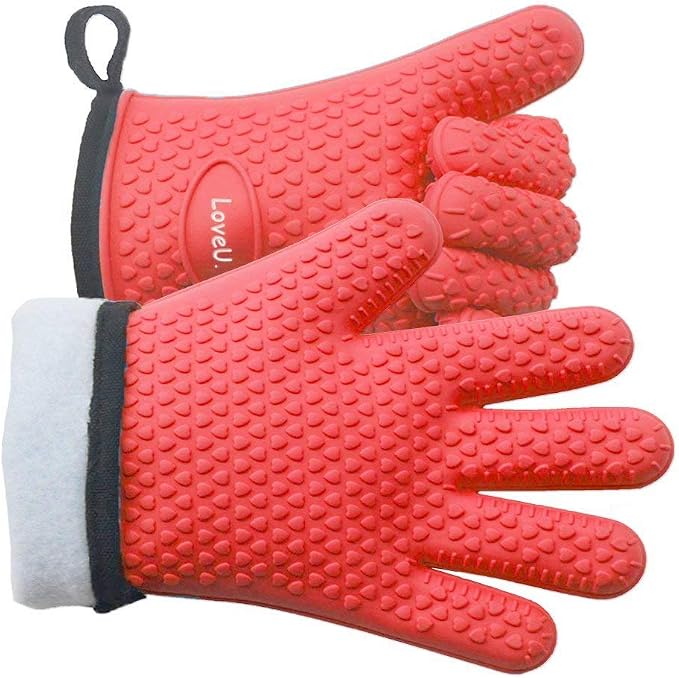 Silicone Oven Mitts Gloves - Heat Resistant, Non-Slip for BBQ, Grilling | 450°F Double-Layer｜Waterproof Kitchen Cooking Barbecue Mittens ｜5 Finger Hot Mitt for Baking, Smoker& Cast Iron(One Size)
