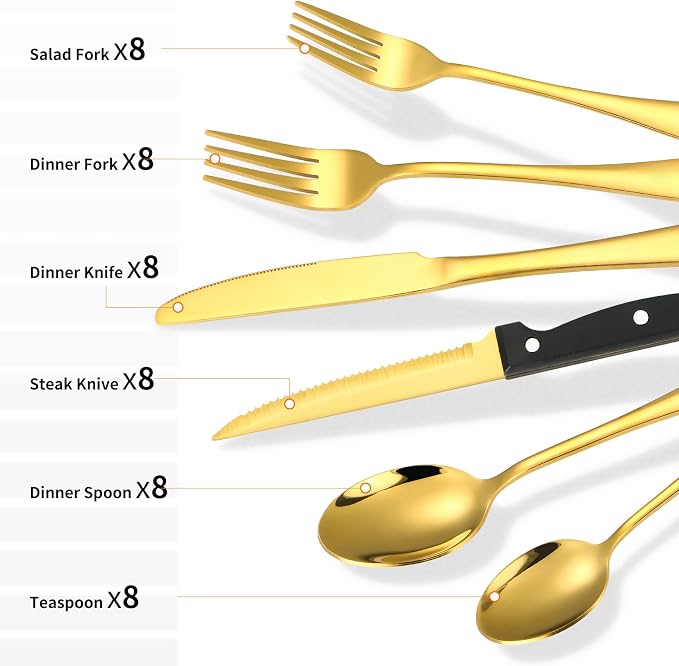 Lazycorner 53 Piece Gold Silverware Set for 8, Flatware Set with Steak Knives for 8 and 5 Public Serving Use Set 18/10 Stainless Steel Utensils Set Cutlery Set For Restaurant Hotel Dishwasher Safe