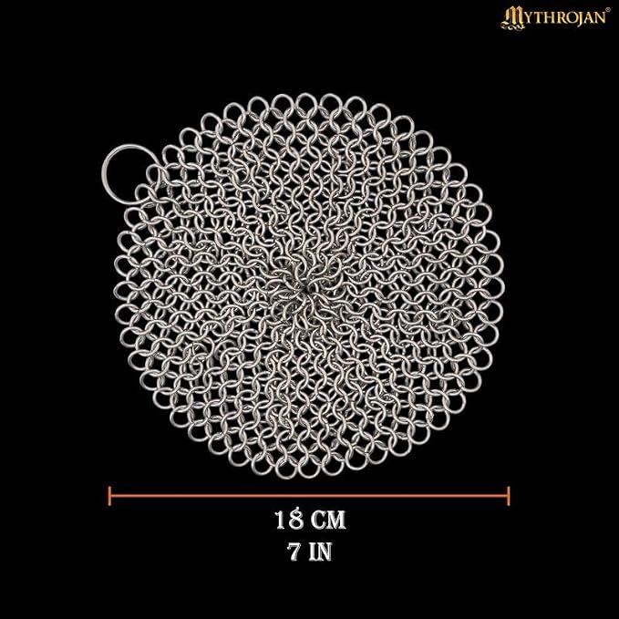 Cast Iron Cleaner, 7 Inches Stainless Steel Round Chainmail Scrubber For Cast Iron Pan Skillet, Wok, Pot, Pan; Pre-Seasoned Pan Dutch Ovens Waffle Iron Pans Scraper Cast