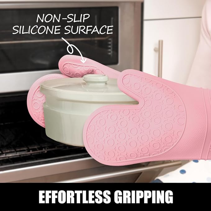RORECAY Silicone Oven Mitts and Pot Holders Sets, Gloves for Kitchen, Pink | Set of 6 Kitchen Mitts for Baking & Cooking, Heat Resistant 500 ℉, 15" Extra Long, Non-Slip & Waterproof, Quilted Cotton