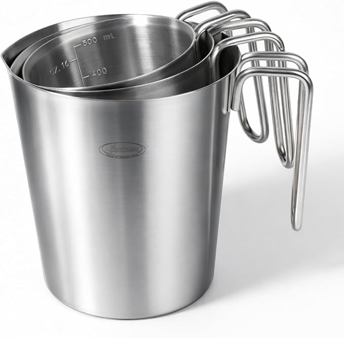 Newness 3-Pack Stainless Steel Measuring Cups Set, Metal Measuring Cup | (3 Marking, Cup/ML/Oz Scale) (2, 3 & 4 Cup) Metal Measuring Cup with Handle For Prepping, Baking and Cooking, Dishwasher