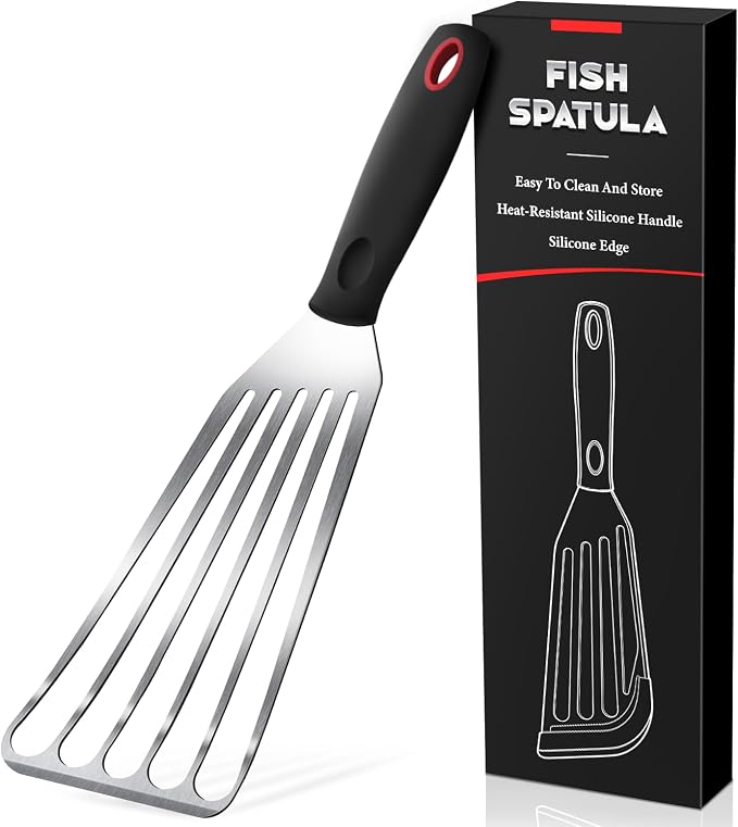 Stainless Steel Fish Spatula, Flexible and Thin Edge, Fish Turner for Kitchen Use, Slotted Mental Spatula with Heat Resistant Silicone Handle