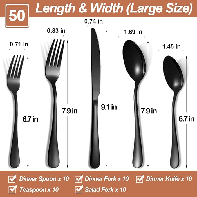 Silverware Set,50-Piece Stainless Steel Flatware Set for 10 | Food-Grade Stainless Steel Cutlery Set,Dishwasher Safe,Mirror Finished Utensil Sets for Home Restaurant,Round Edge,Black