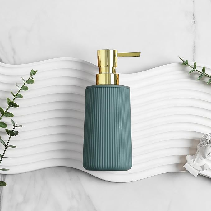 YAUKPH Small Soap Dispenser for Bathroom and Kitchen Matte Green and Gold | Modern Farmhouse Striped Style Plastic Hand Soap Dish Soap Dispenser with Pump