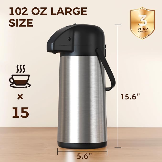 Coffee Carafe for Keeping Hot, 102OZ / 3L Airpot Coffee Dispenser with Pump | Large Thermal Coffee Urn for Hot Drinks Tea Liquid, 304 Insulated Stainless Steel Hot Water Beverage Dispenser for Parties