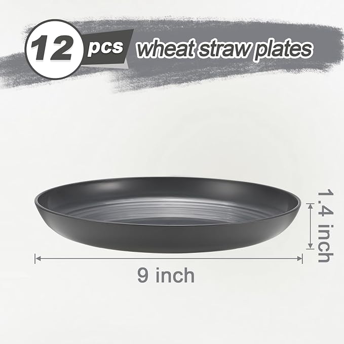 HEYCOME 12 Pcs Unbreakable Deep Dinner Plates Set, 9 inch Reusable Plastic Wheat Straw Plates, Microwave and Dishwasher Safe Plate for Kitchen, Lightweight Plate for Dessert, BPA Free, Dark Gray
