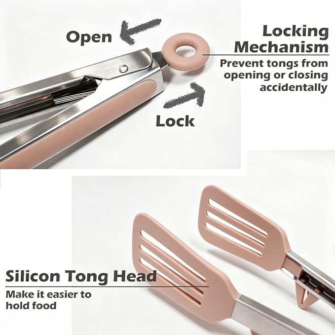 12" Kitchen Tongs for cooking with Silicone Tips, 3Pcs Serving Tongs, Pink | Small Silicone Tongs mit kickstand, Food Grade, 3 different type of tongs, Stainless Steel