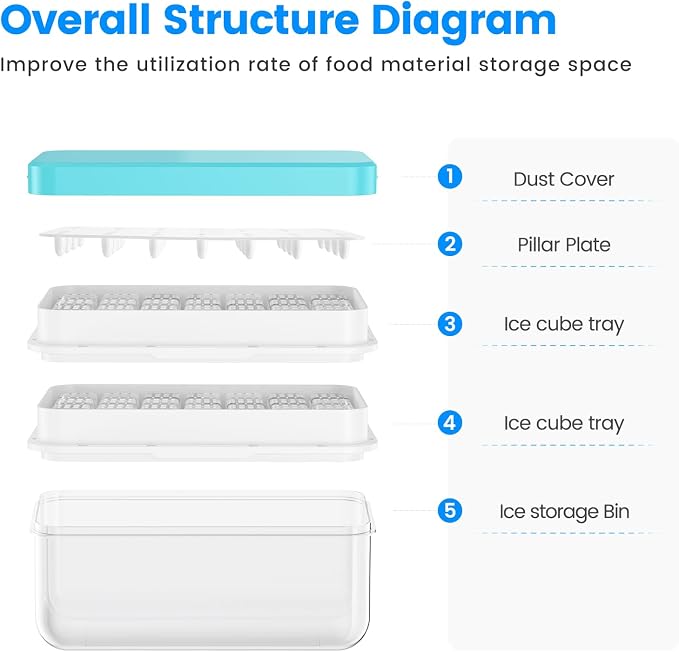 Ice Cube Tray with Lid and Bin, Easy Release 56 Cubes for Freezer | Food-grade BPA-free PP and ABS. Ice cubes for fruit, cocktails, iced coffee. Space-saving stackable with scoop