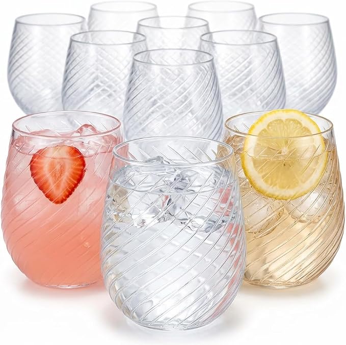 Oojami 40 Pack 12 oz Disposable Wine Glasses Stemless Ribbed Plastic Cups | Shatterproof Unbreakable BPA-Free, Recyclable Reusable Cocktail Champagne Whiskey Wine Cups for Wedding Birthday Party