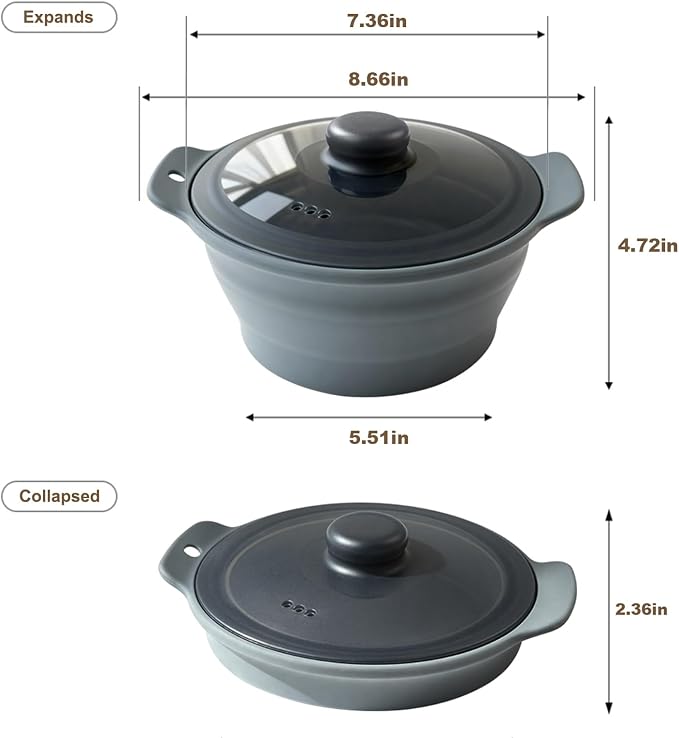 42oz Silicone Microwave Steamer For Cooking, Collapsible Food Steamer For Vegetable, Seafood, Soup, Leftovers, Rice Cooker, BPA Free Small Steam Pot with Handle & Lid, Dishwasher Safe (Grey), 1 Pack